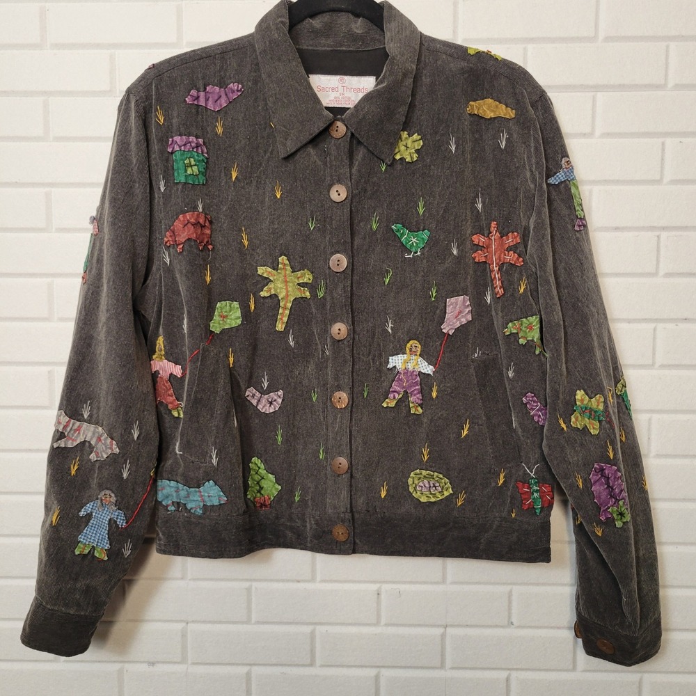 Sacred Threads Jacket Sz S Embroidered Applique Corduroy People Animals‎ Boho